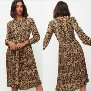 J.Crew Leopard Print Midi Dress Tie Waist Long Sleeve Size 14